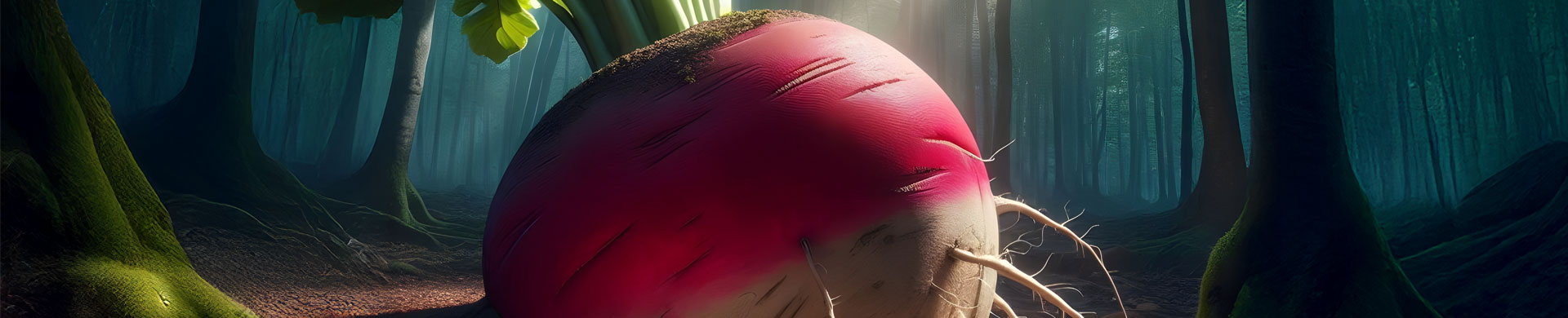 In einem dunklen Wald wchst ein berdimensional groes Radieschen und leuchtet im Mondlicht. Aufgrund seiner gigantischen Gre passt das Radies nicht komplett ins Bild.