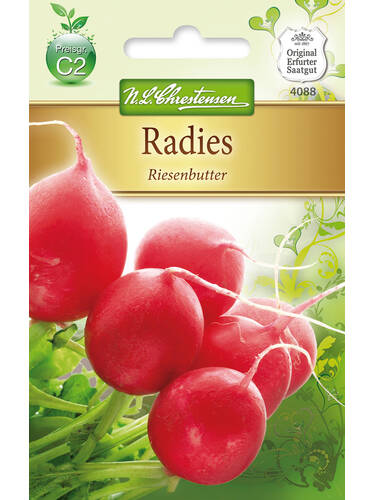 Hauptbild von "Radies Riesenbutter": Abbildung eines Saatgut-Beutels fr Radies Riesenbutter. Im Vordergrund sind mehrere pralle, runde Radieschen mit glnzend roter Schale und feinen weien Wurzeln zu sehen, noch verbunden mit ihrem frischen, grnen Laub. Die Radieschen wirken saftig und knackig. Das Verpackungsdesign zeigt zustzlich den Sortennamen auf einem goldfarbenen Etikett sowie das Logo des Herstellers.