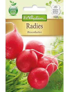 Balkonpflanzen - Radies Riesenbutter: Abbildung eines Saatgut-Beutels fr Radies Riesenbutter. Im Vordergrund sind mehrere pralle, runde Radieschen mit glnzend roter Schale und feinen weien Wurzeln zu sehen, noch verbunden mit ihrem frischen, grnen Laub. Die Radieschen wirken saftig und knackig. Das Verpackungsdesign zeigt zustzlich den Sortennamen auf einem goldfarbenen Etikett sowie das Logo des Herstellers.